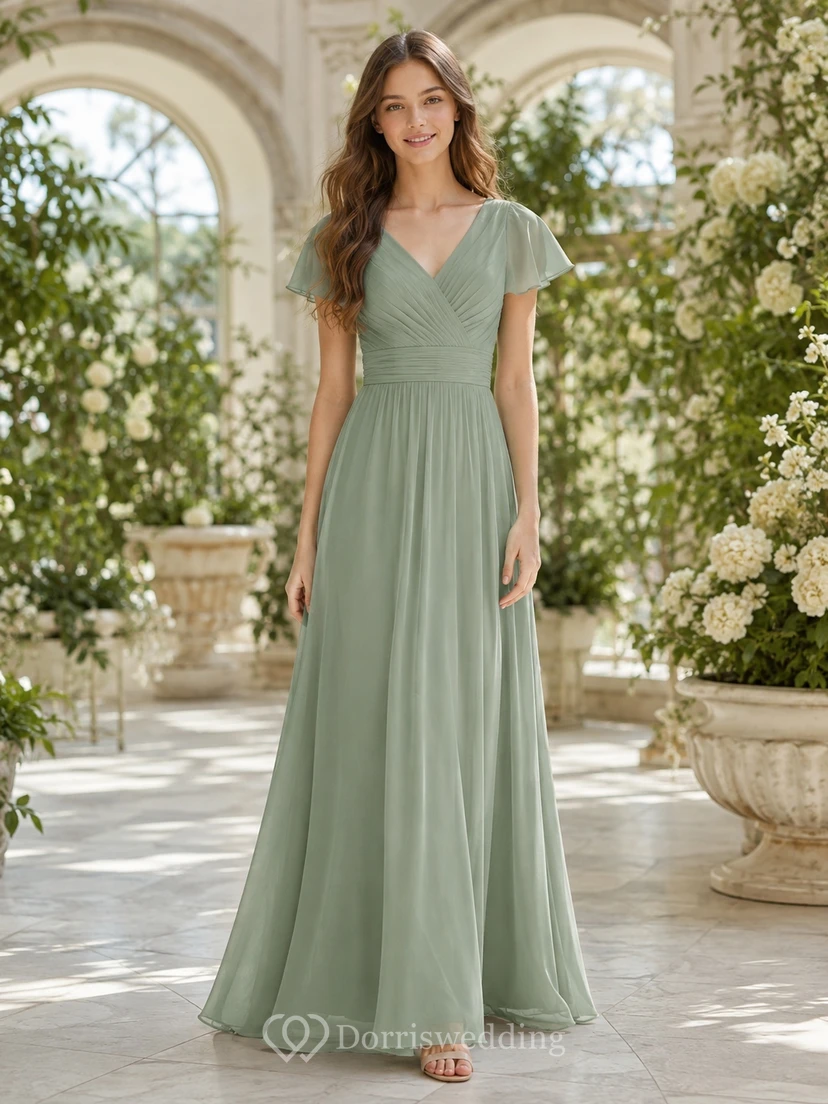 Celadonfarbenes Brautjungfernkleid für junge Damen, A-Linie, V-Ausschnitt, kurze Blütenblattärmel, elegant und romantisch