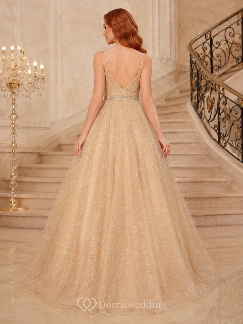 Champagne Tulle Flare V-Neck Ball-Gown Floor-Length Sleeveless Romantic Prom Gown view 2