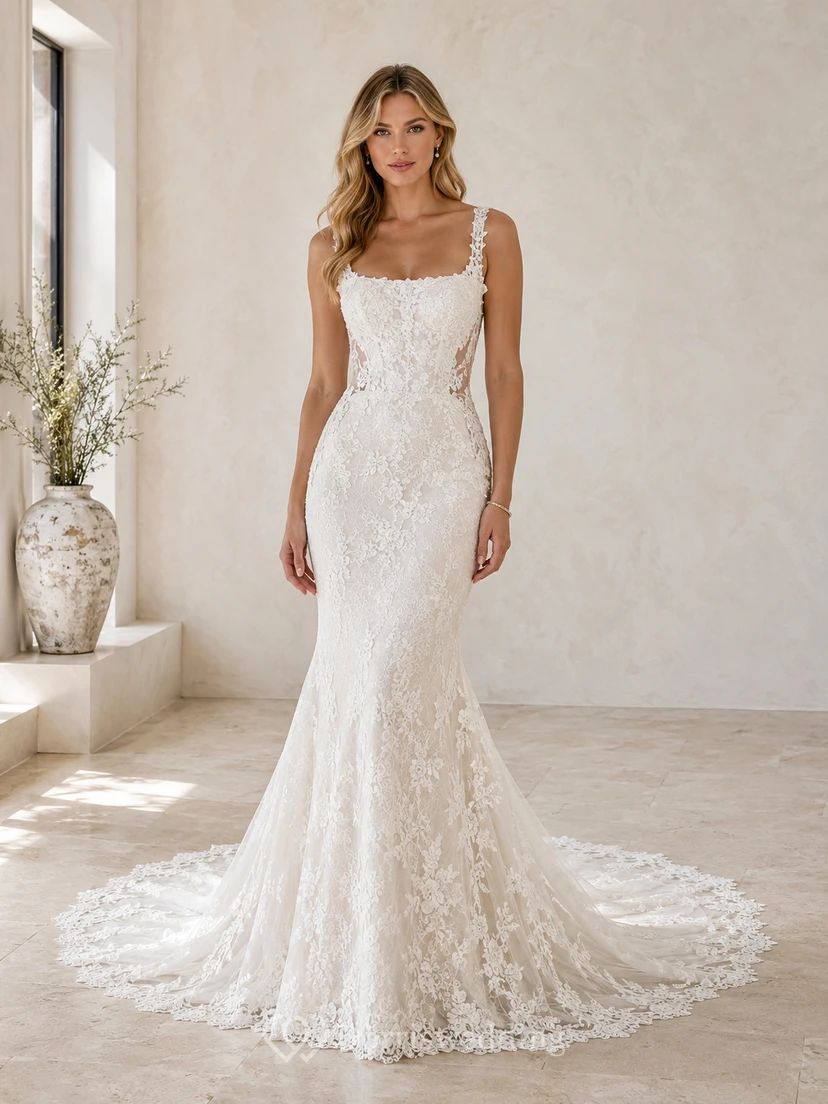 Robe de mariée sirène en dentelle et tulle, bretelles spaghetti et traîne chapelle