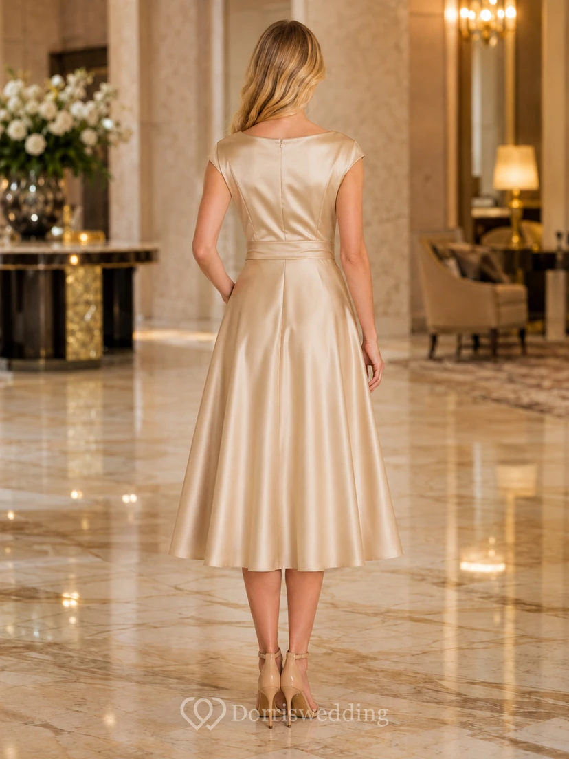 Champagne Bateau Satin Tea Length A Line Dress view 2
