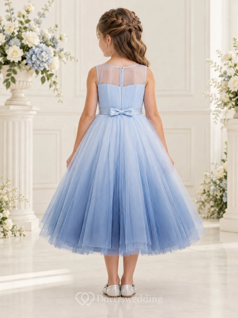Sky Blue Sleeveless Sweetheart Illusion Pleated Tea-length A-Line Ombre Tulle Satin Bow Flowergirl Dress view 2