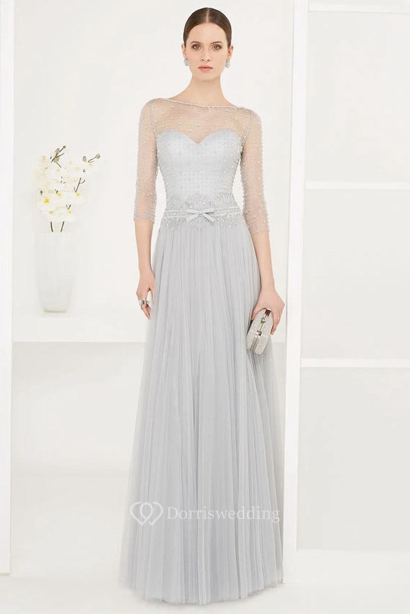 Jewel Neck 3-4 Sleeve Pleated Tulle Long Prom Dress With Belt And Sequins