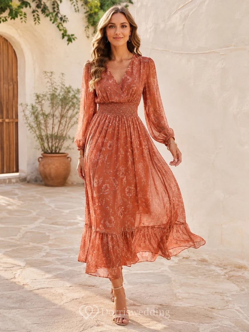 Orange Floral V-Neck Long Sleeve Chiffon Tea-Length Bohemian Dress