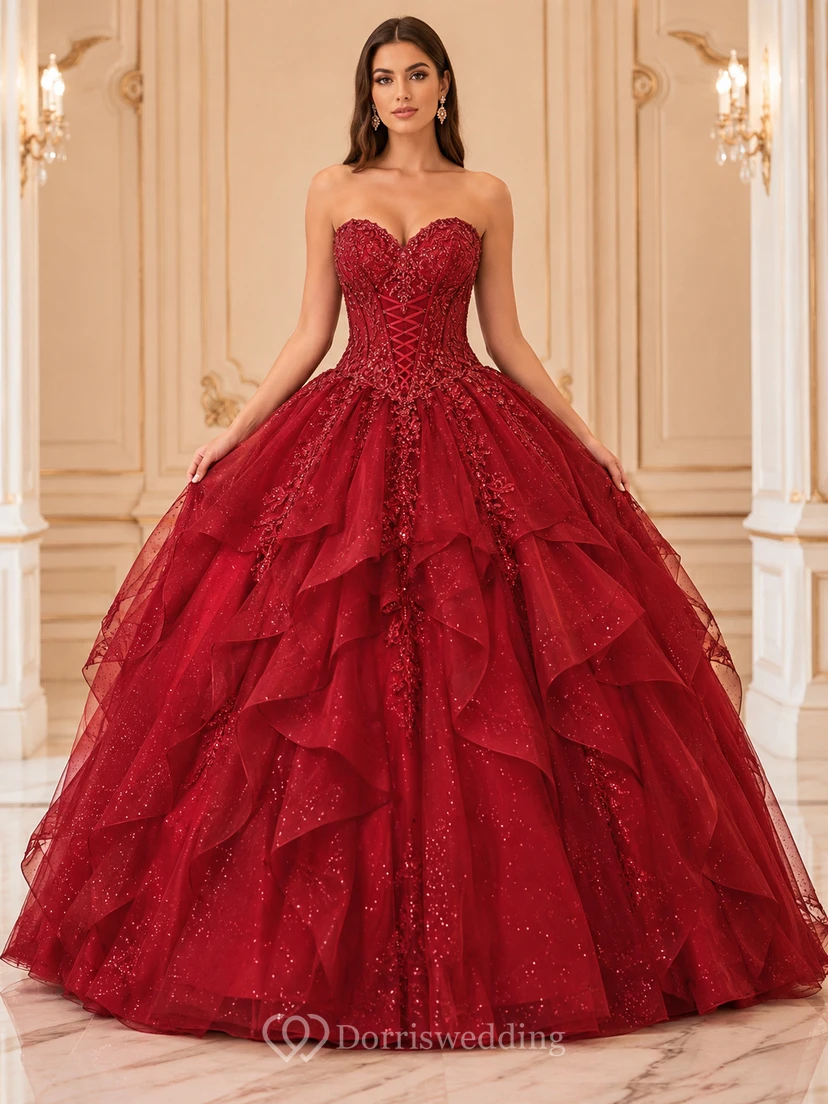Red Luxury Strapless Sweetheart Tiered Glitter Tulle Princess Quinceanera Ball Gown