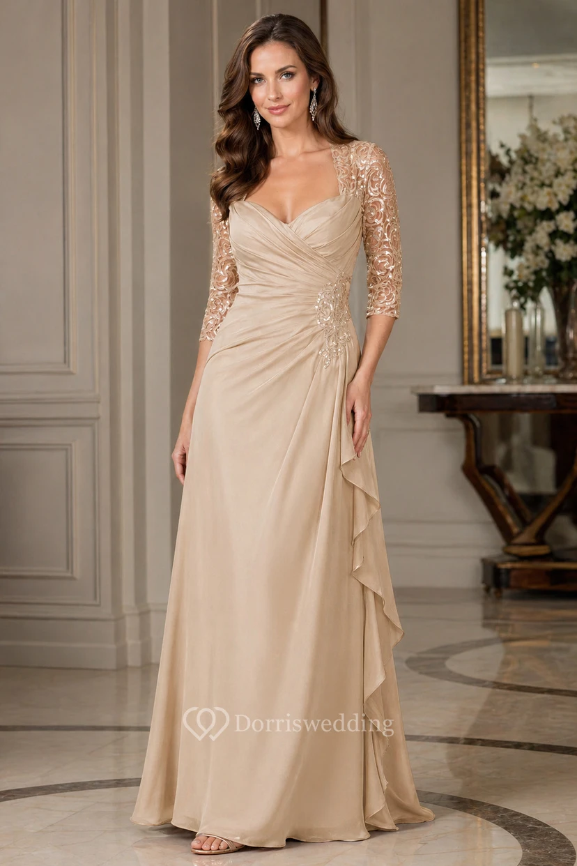 3-4 Sleeved Long Mother Of The Bride Dress With Ruffles And Sequins