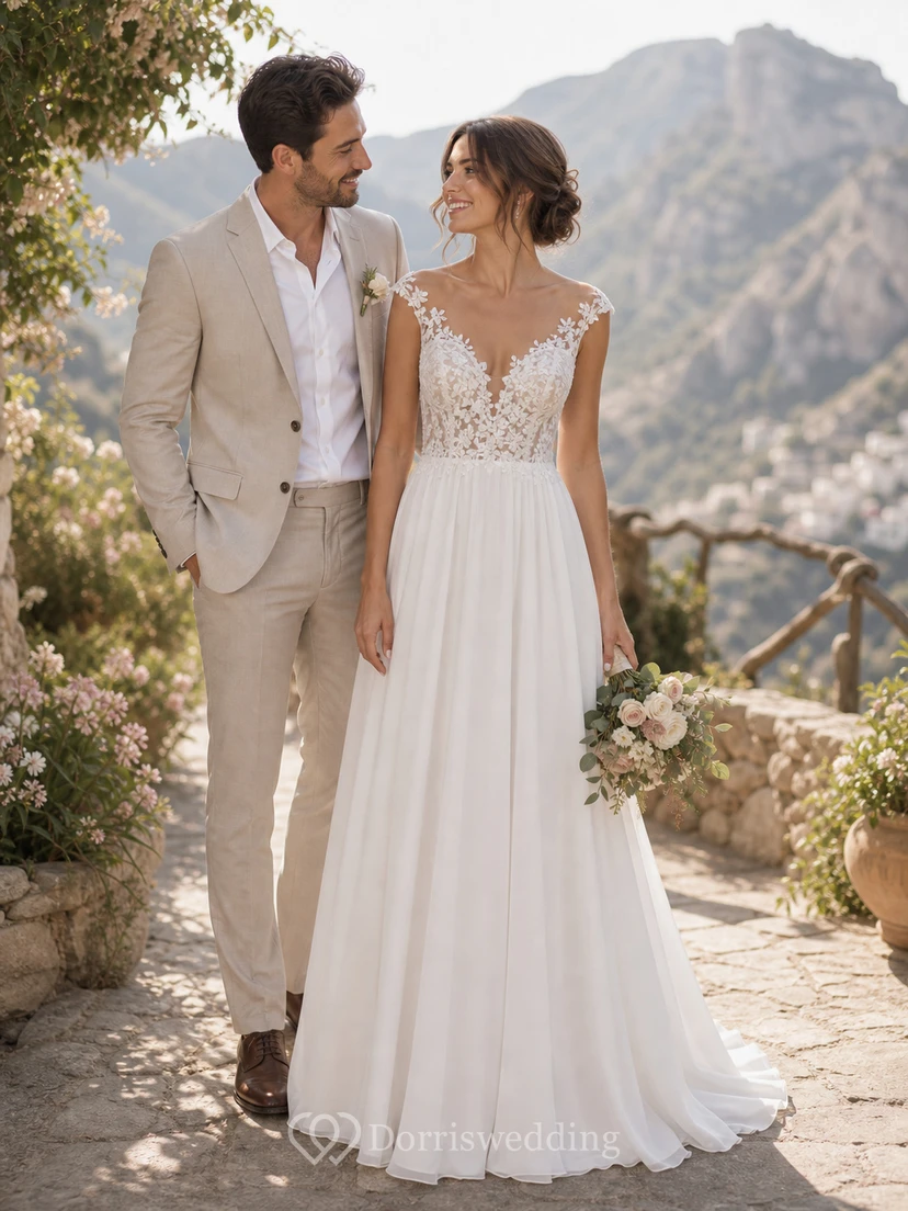 Chiffon-Etui-Brautkleid mit schulterfreiem Ausschnitt und schlichter Spitzenapplikation