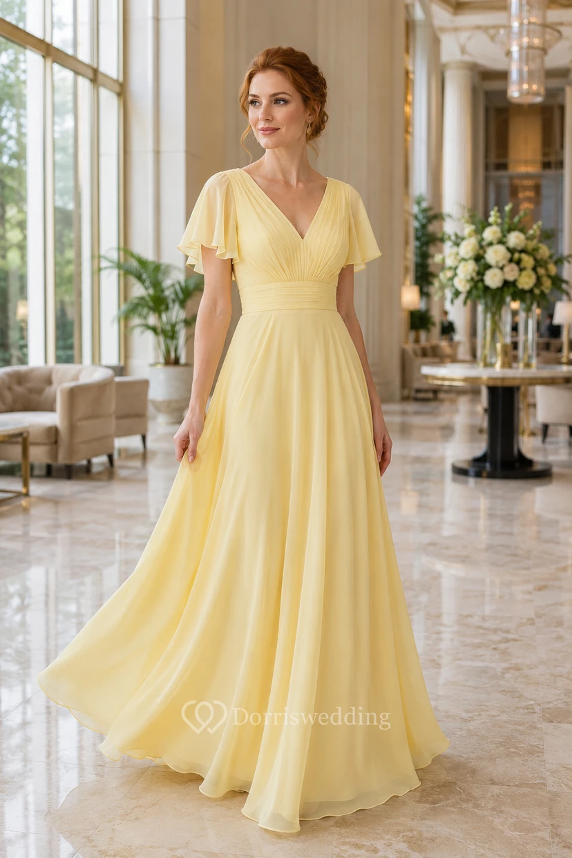 Vestido de gasa de corte A con escote en V y mangas con volantes color narciso