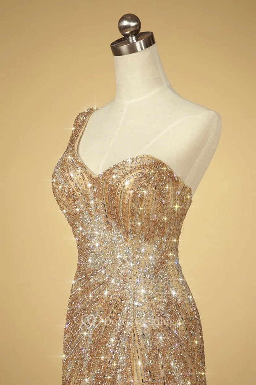 One Shoulder Beaded Open Back Luxury Tulle Mermaid Dress With Appliques view 4