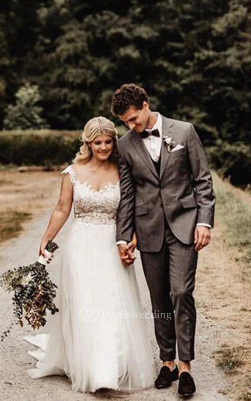 Cap V-neck Lace Top A-line Plus Size Beach Wedding Dress view 2