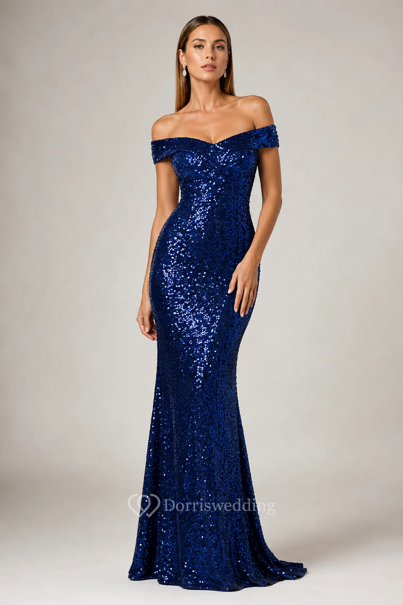 Königsblaues Pailletten-Abendkleid im Meerjungfrauen-Stil mit schulterfreiem Schnitt