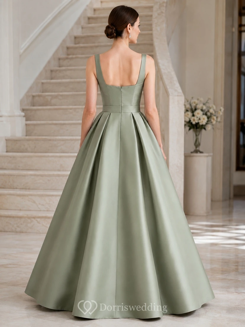 Vestido elegante de gala largo hasta el suelo, sin mangas, de corte en A, de satén color salvia y escote cuadrado. view 2