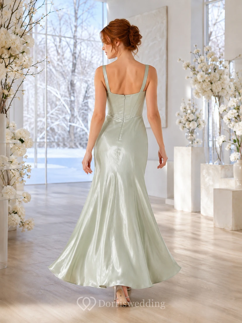 celadon Square Neck Corset Satin Mermaid Ankle Guest Dress view 2