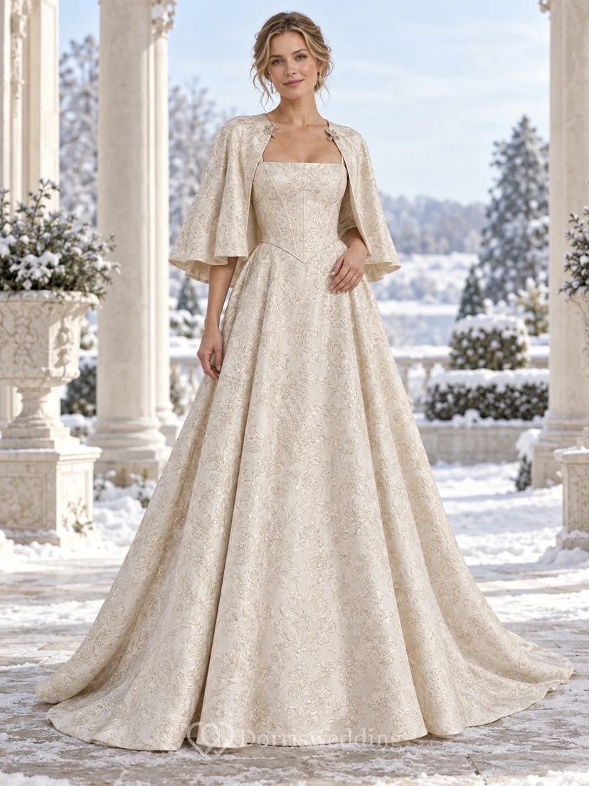 Vestido de novia de corte A con cuello cuadrado, cintura puntiaguda, capa de brocado y escote en A, color champán.