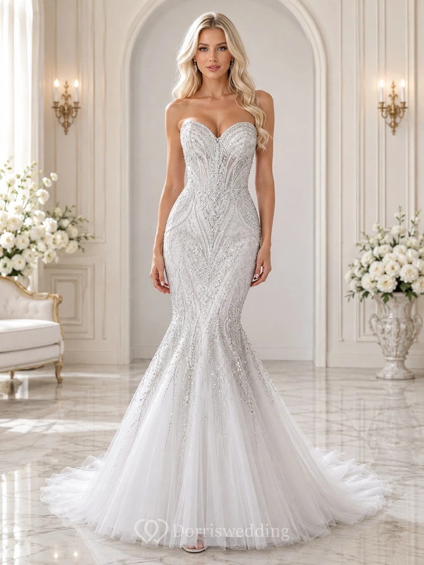 Silbernes Meerjungfrauen-/Trompeten-Brautkleid mit Herzausschnitt, ärmellos, bodenlang, mit Schleppe, sexy Kleid