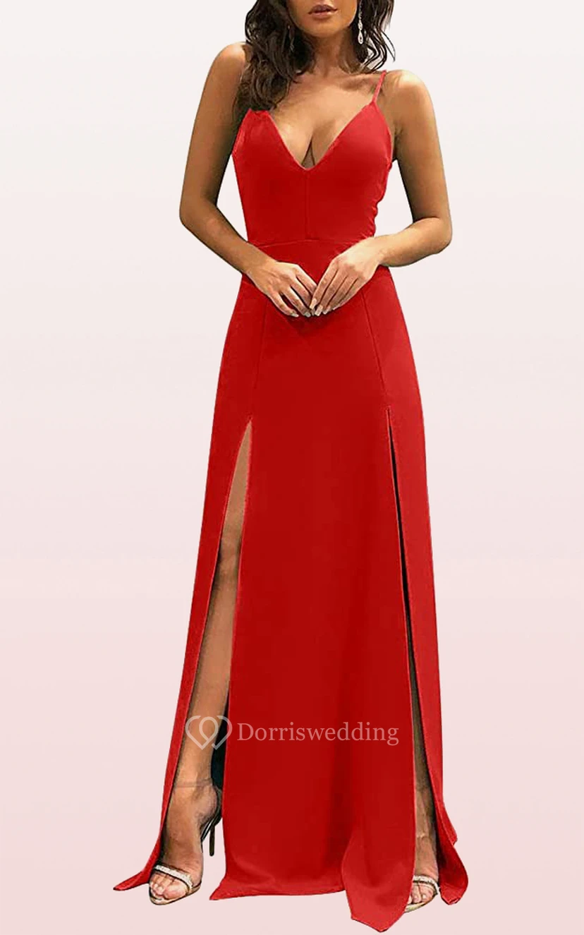 Casual Satin V-neck A Line Sleeveless Prom Dress With Split Front view 4