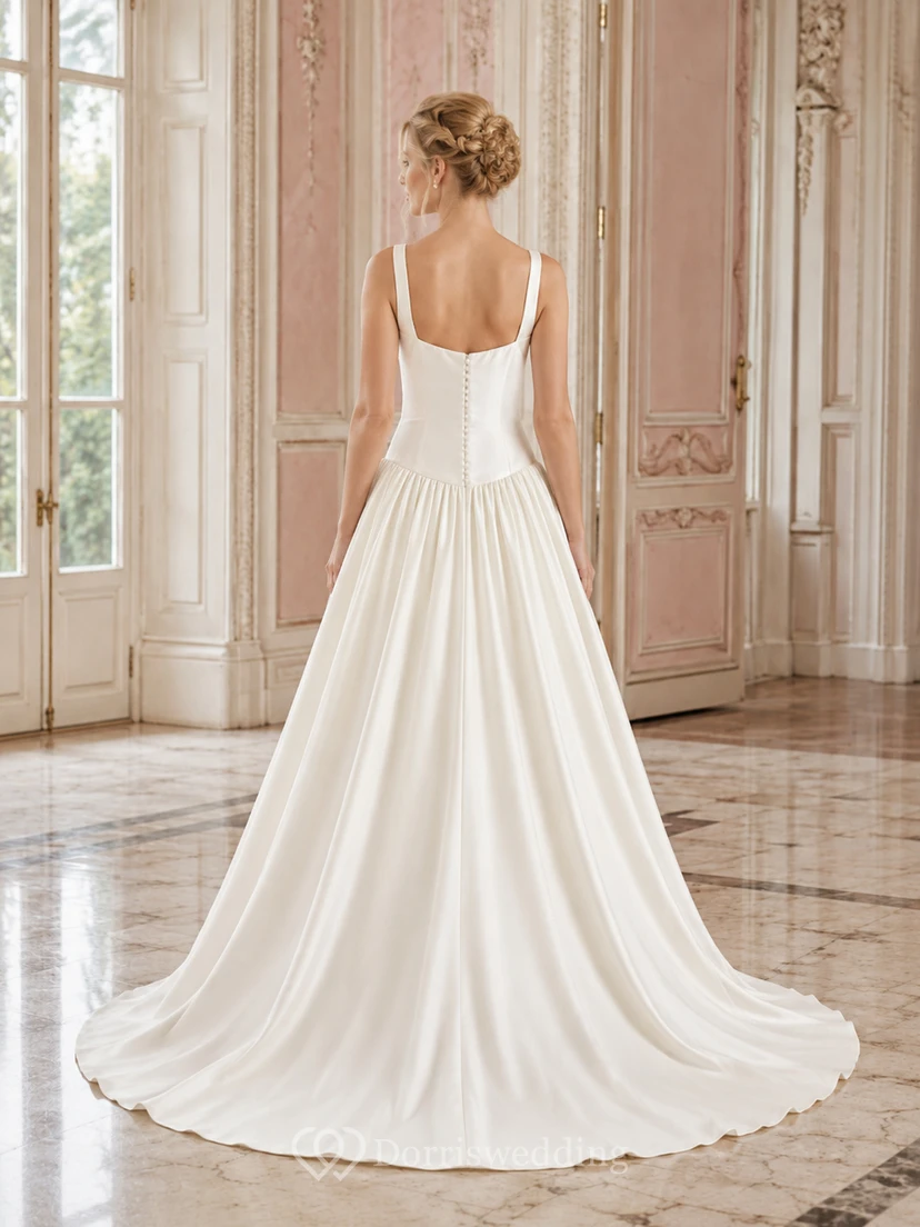 Robe de mariée de bal en satin à taille basse et col carré view 2