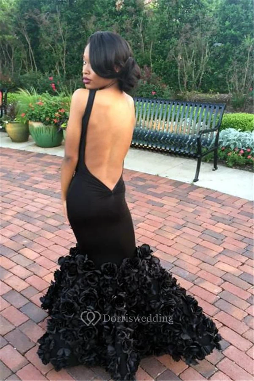 Sexy Black Sleeveless Mermaid Prom Dress Floor Length Flowers Party Gowns view 2