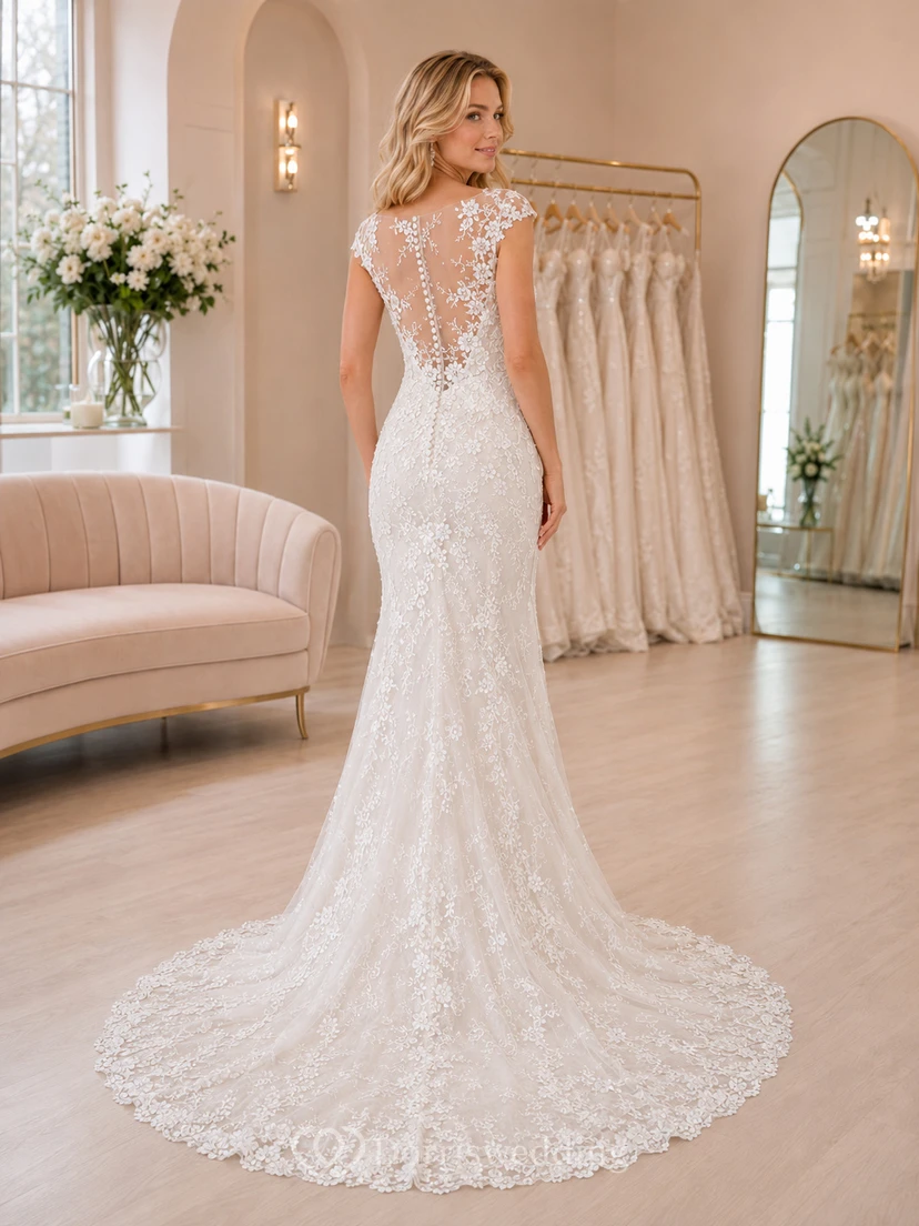 Brautkleid im Meerjungfrauenstil mit Perlenbesatz, kurzen Ärmeln und Spitze view 2