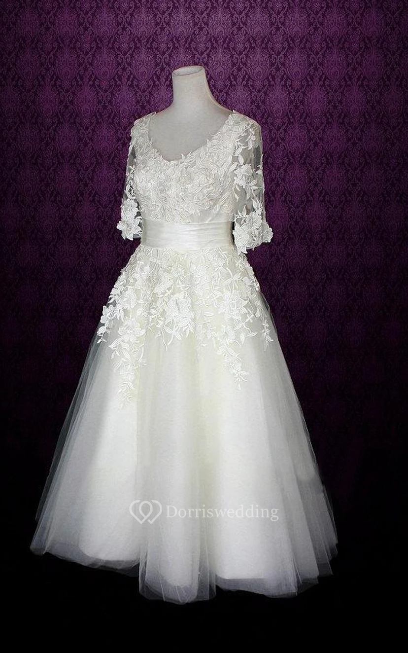 V-Neck Half Sleeve Low-V Back Tulle Tea Length Wedding Dress With Sash And Appliques view 2