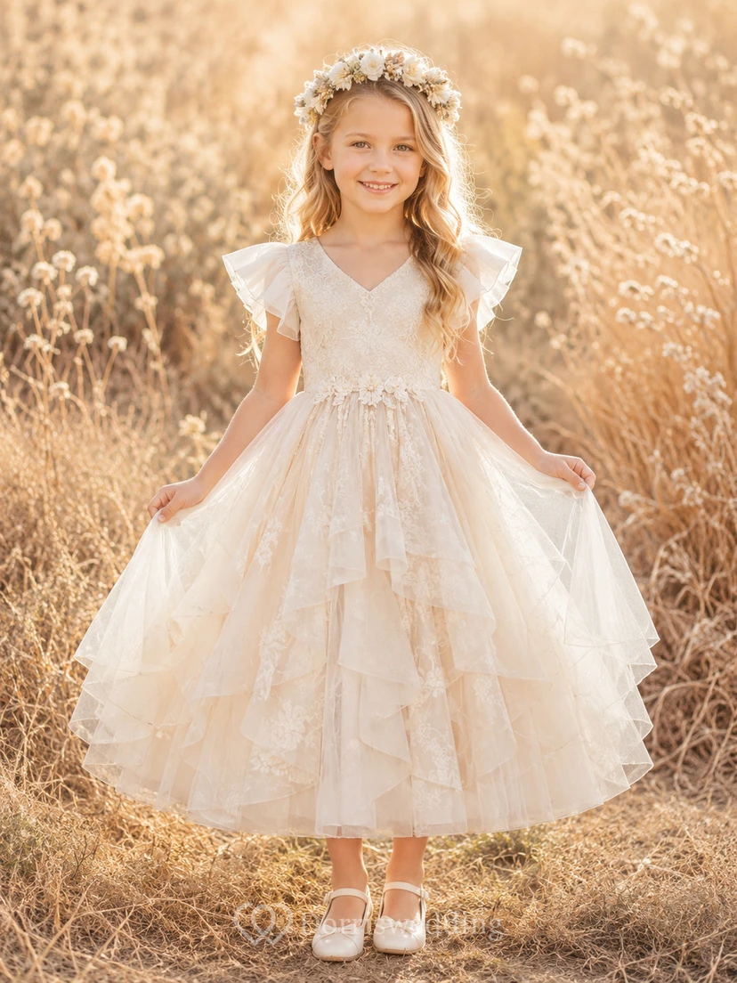 Vestido de niña de flores de corte A con capas de tul, mangas cortas, escote en V y falda hasta la rodilla.