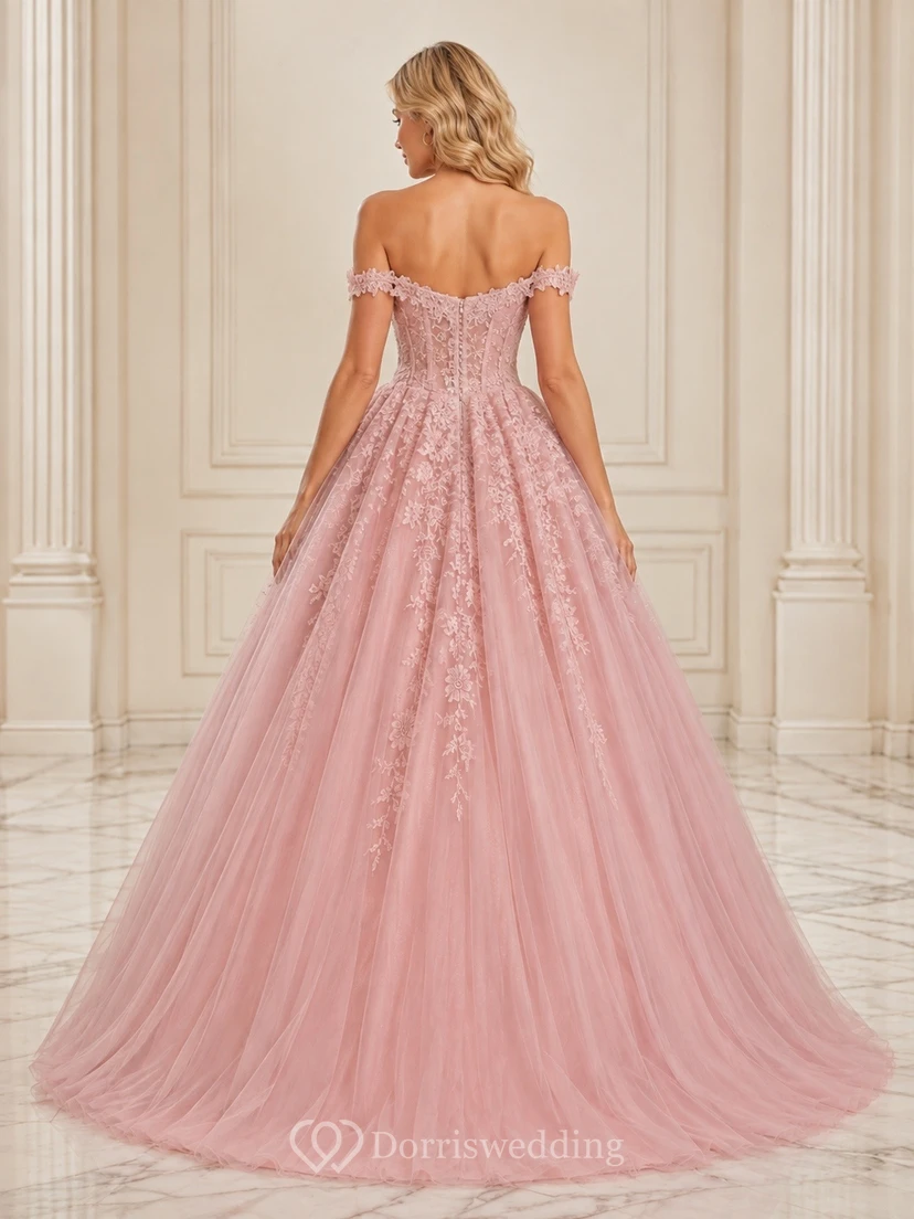 Vestido de gala largo hasta el suelo de tul romántico con hombros descubiertos view 2