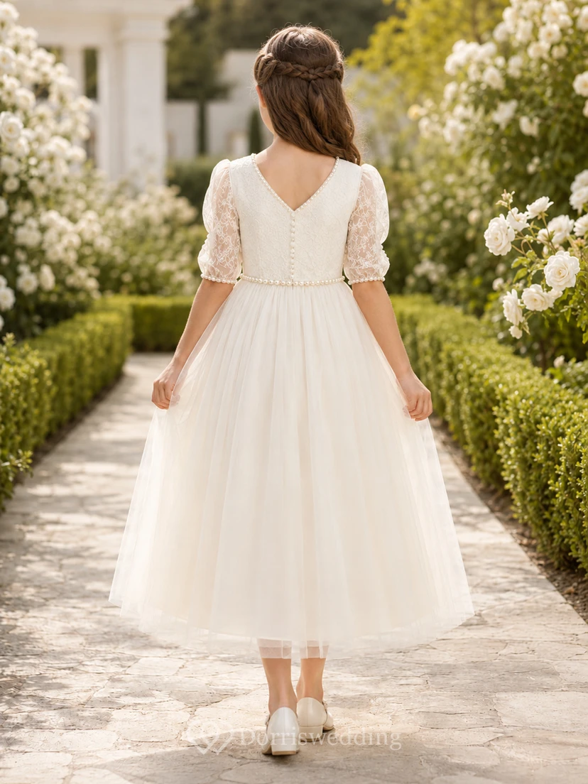 Vestido de comunión de niña de las flores, largo hasta la rodilla, con mangas abullonadas y espalda en V de encaje. view 2