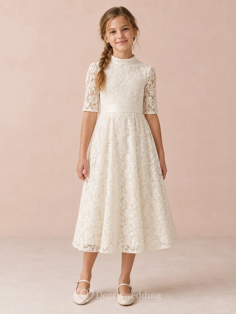 Schlichtes Vintage-Kleid in Elfenbein mit hohem Kragen, Teelänge, Ellbogenärmeln, transparenter Blattspitze, glattem Bündchen und A-Linien-Schnitt im Blumenmädchen-Stil