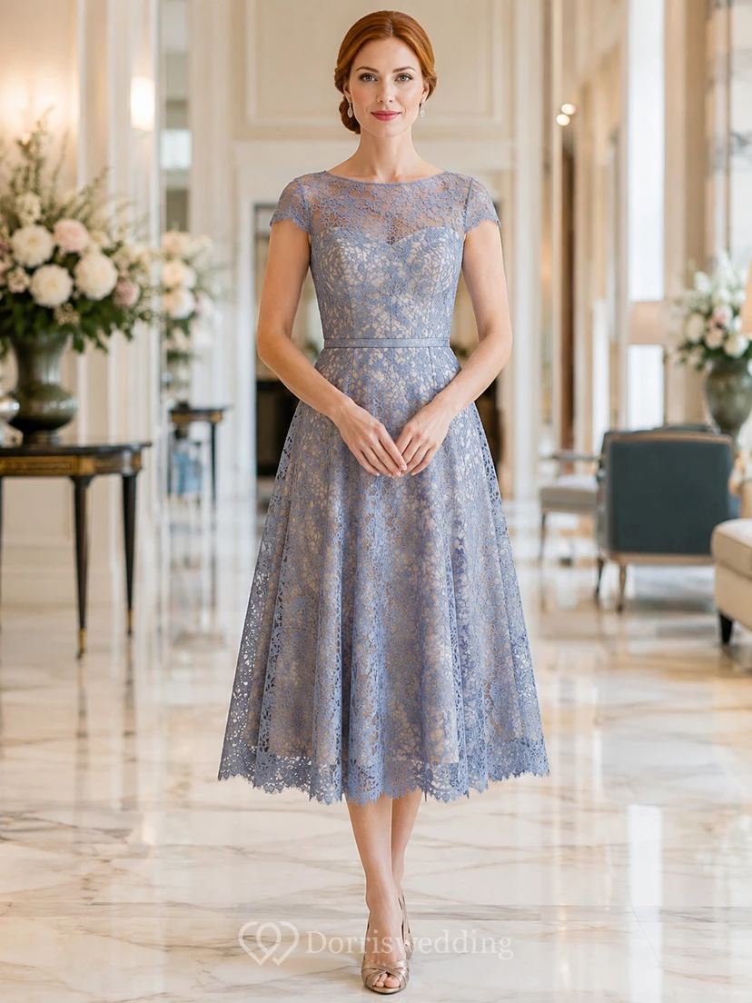 Steel Blue Lace Cap Sleeve Tea Cocktail Dress