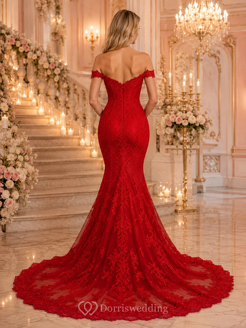 Vestido de novia de sirena de encaje rojo con escote corazón y hombros descubiertos view 2
