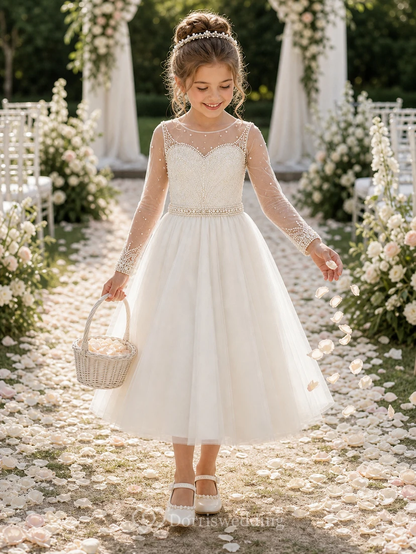 A-line Tea-length Long Sleeve Illusion Tulle Lace Flower Girl Dress with White satin skirt with long illusion lace sleeves view 8