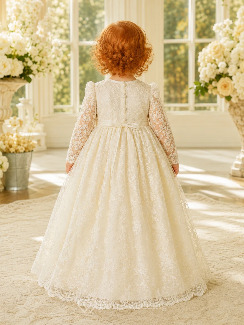Baptism Dress A-Line Lace Tulle Jewel Neck Long Sleeve Modest Skirt