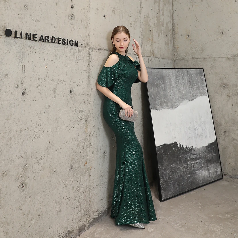 Banquet Temperament Elegant Long Short-Sleeved Sequin Aura Queen Fishtail Evening Dress view 4