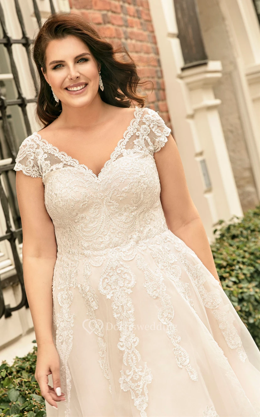 Sexy Plus Size A Line Lace V-neck Wedding Dress with Appliques  view 3