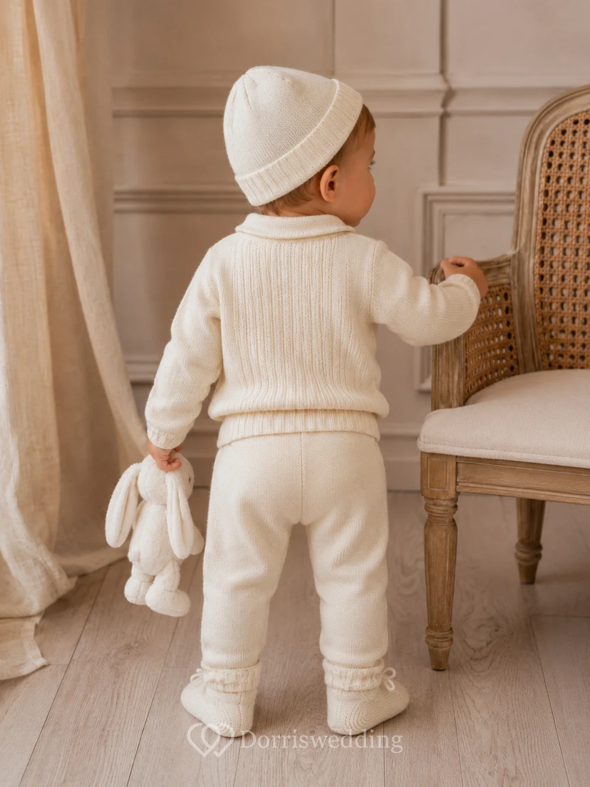 Conjunto de dos piezas de manga larga con cuello de punto trenzado color marfil para bautizo de bebé niño view 2
