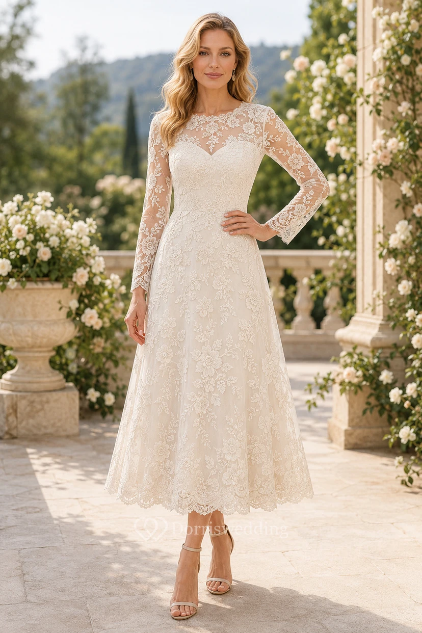 Cocktail Dress Ivory Lace A-Line Bateau Neck Long Sleeve Tea Length
