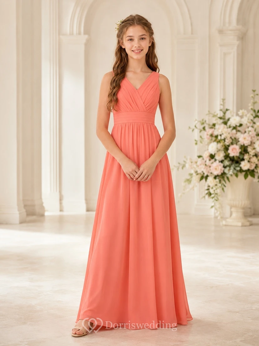 Vestido de dama de honor juvenil color coral, corte en A, largo hasta el suelo, escote en V, sin mangas, corpiño sencillo, estilo romántico.