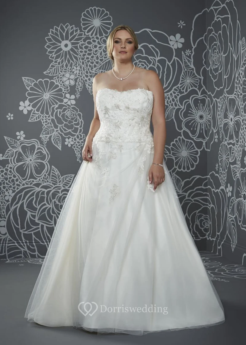 A-Line Floor-Length Strapless Sleeveless Satin Court Train Lace-Up Back Appliques Dress