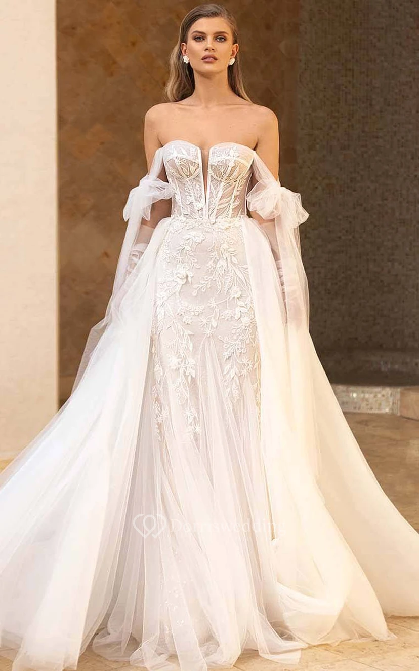 Notched Sweetheart A-line Mermaid Tulle Lace Princess Wedding Dress with Straps and Detachable Skirt