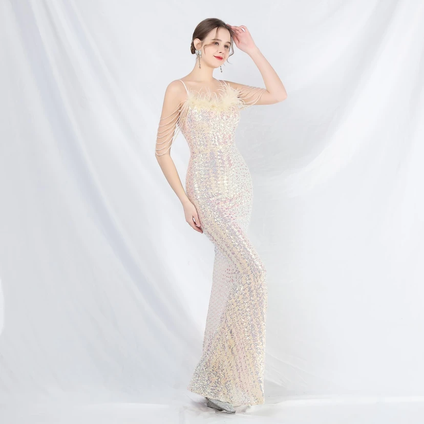 Craft Beaded Ostrich Feather Fantasy Sequined Long Evening Dress view 22