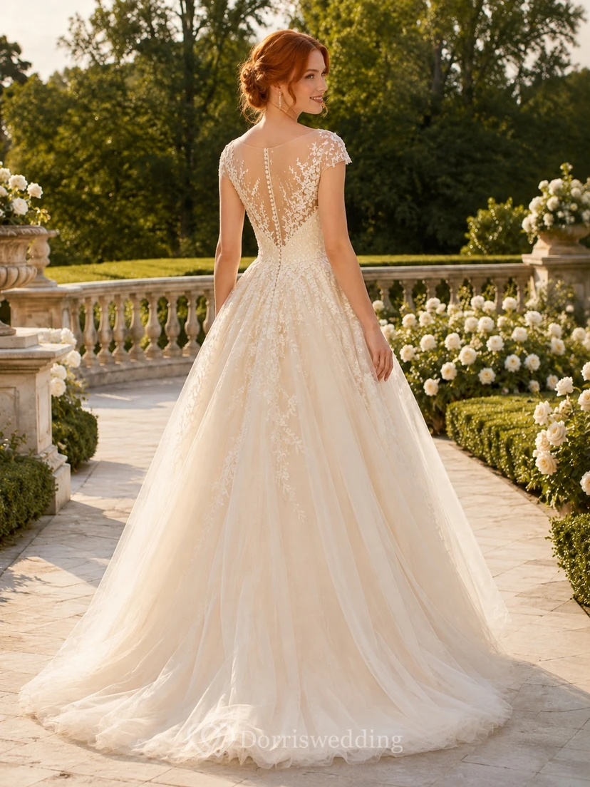 Modest Cap Sleeve Illusion Lace A-Line Sweep Train Romantic Wedding Dress view 2