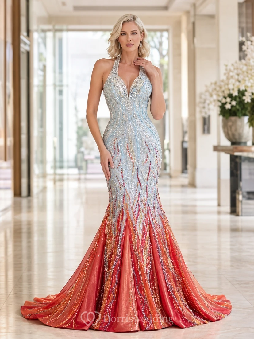 Sky Blue Red Halter V-Neck Beaded Mermaid Sweep Train Luxury Prom Dress