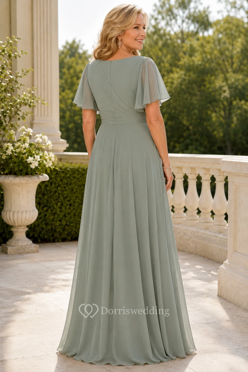 Salbeigrünes Chiffon-Kleid in A-Linie mit V-Ausschnitt und Kaskadenrüsche view 2