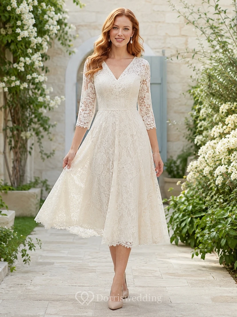 Ivory Lace V-Neck Long-Sleeve Chiffon A-Line Tea-Length Formal Dress