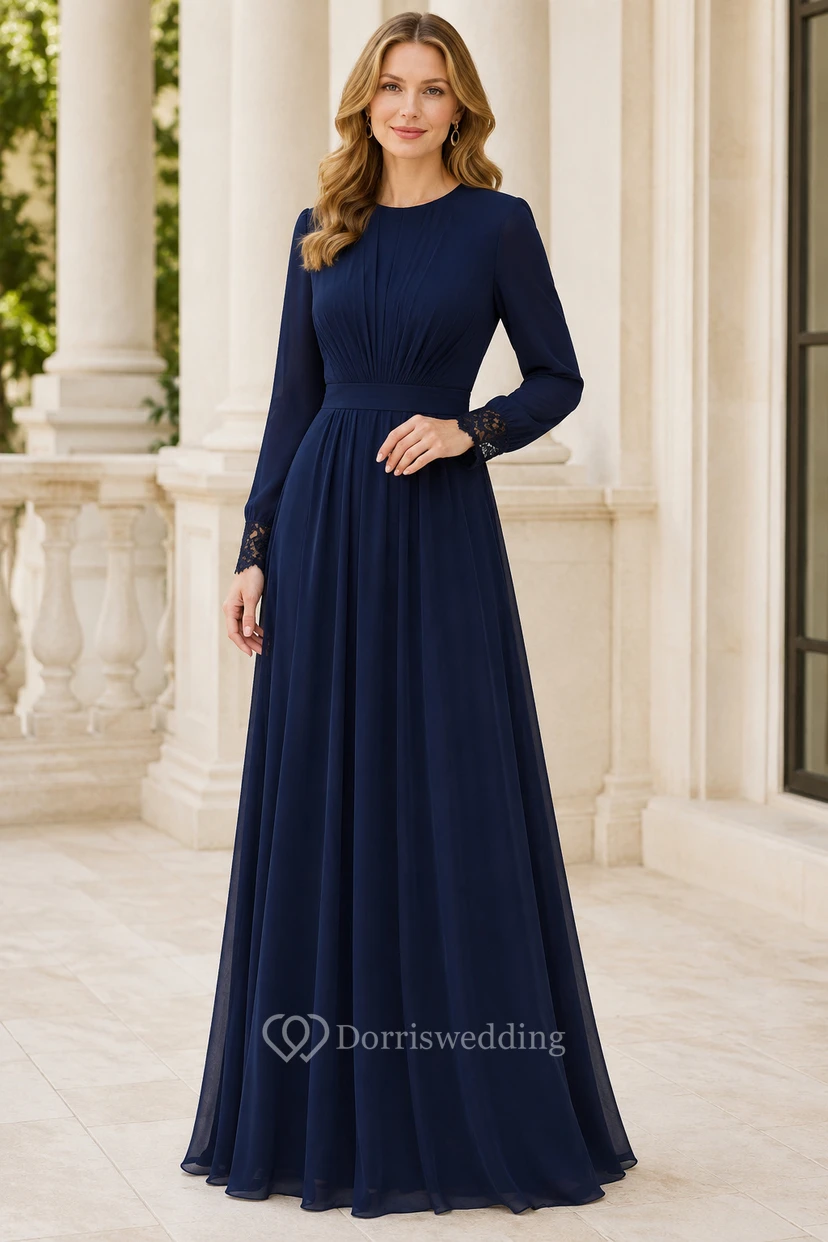 Robe de soirée bleu marine foncé en mousseline, coupe trapèze, col rond, manches longues, longueur au sol