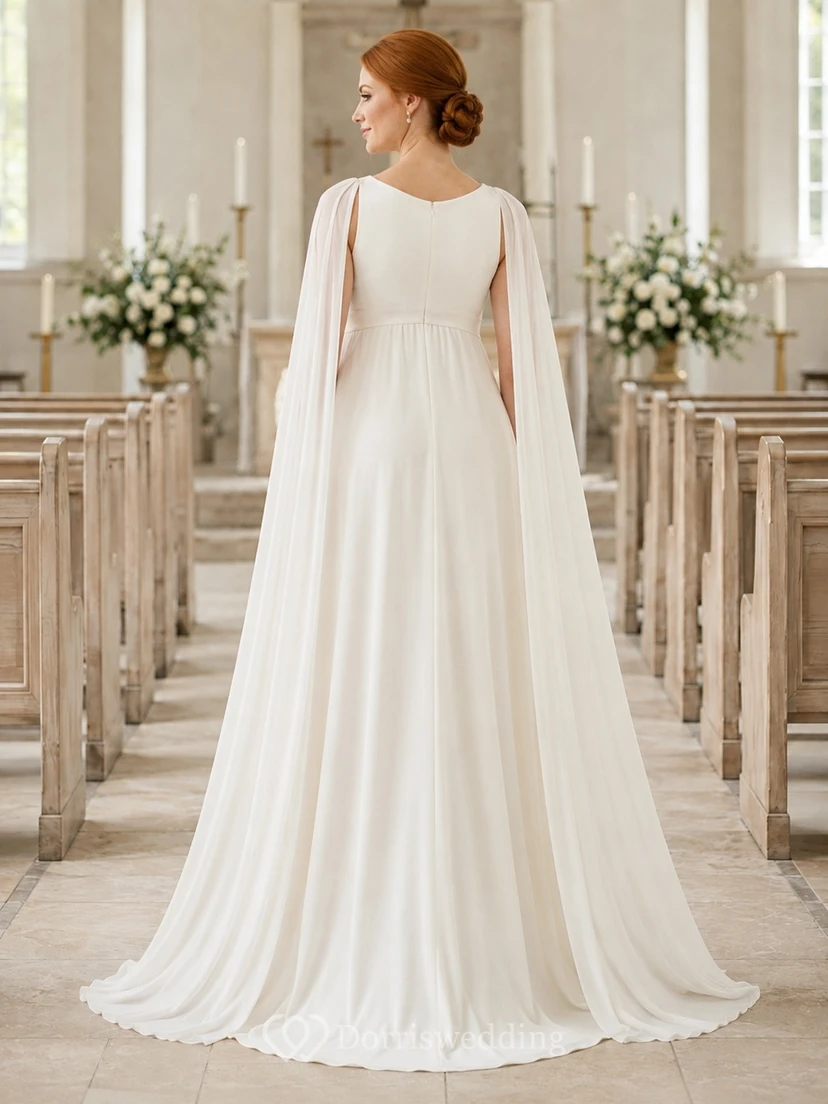 Vestido de novia de maternidad modesto con escote barco, mangas tipo capa y corte imperio hasta el suelo. view 2