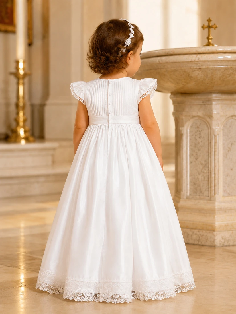 Elegantes kirchliches Taufkleid in A-Linie mit kurzen Ärmeln, bodenlang, schlicht und bezaubernd, aus Satin view 2