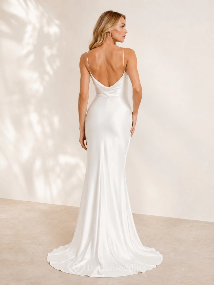 Simple Sheath White Spaghetti Cowl Neck Floor-Length Split Dress view 2