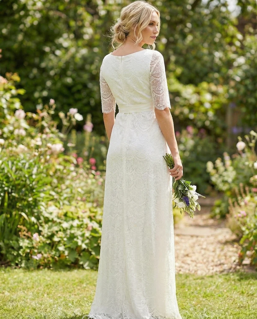 White Lace V Neck Maternity Wedding Dress with Half Sleeves view 2