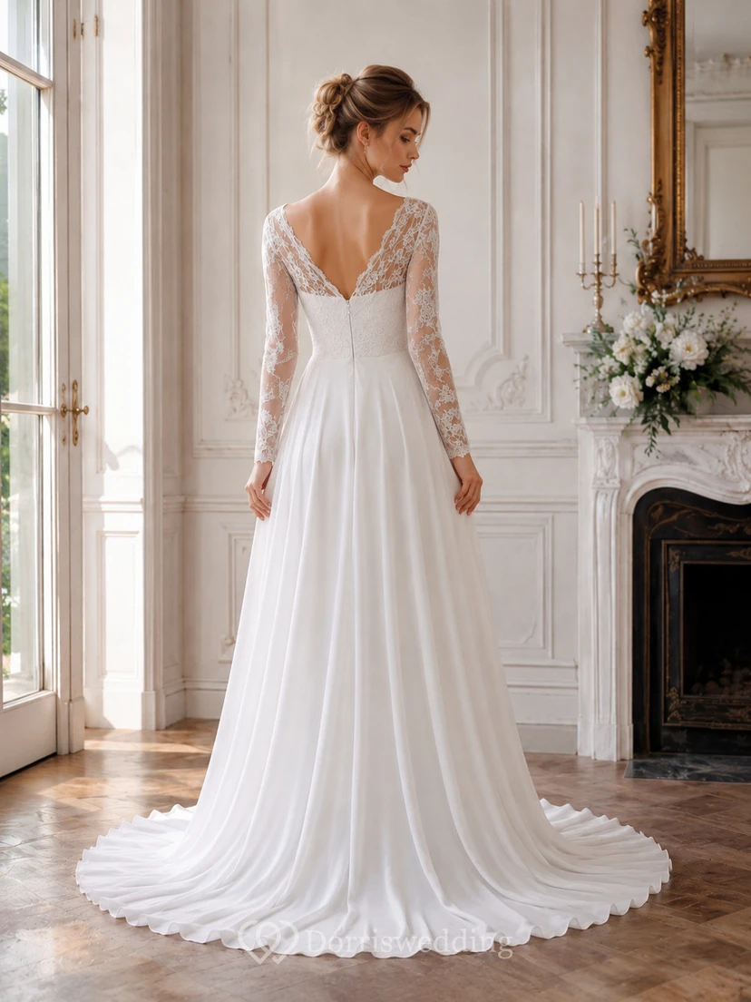 Lässiges Chiffon-Hochzeitskleid mit V-Ausschnitt und langen Ärmeln view 3