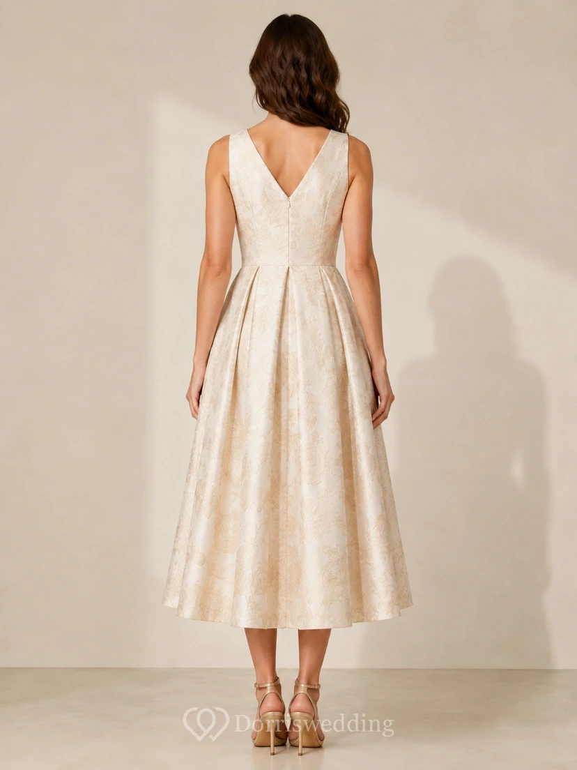 Champagne Jacquard Taffeta V-Neck A-Line Tea Length Elegant Formal Dress view 2